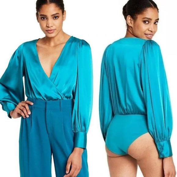 SERGIO HUDSON X TARGET Teal Crossover Satin Bodysuit Sz XL NWT - Picture 1 of 6